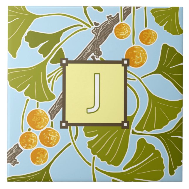 Ginkgo Dance Monogram Letter J Ceramic Tile (Front)
