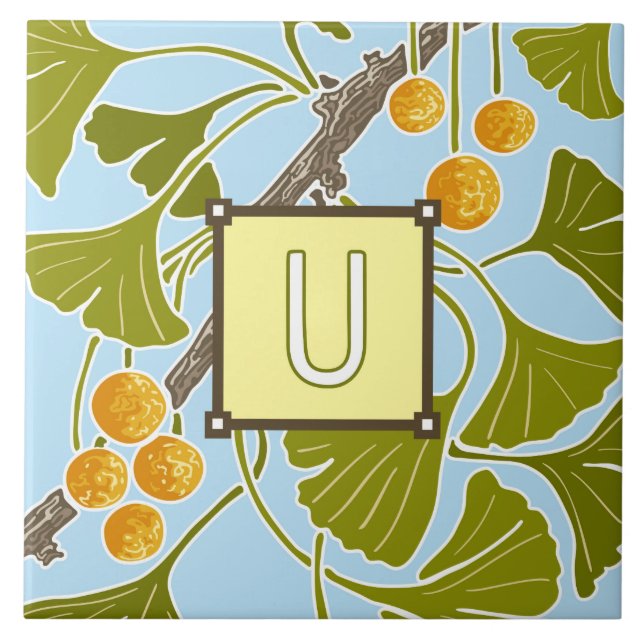 Ginkgo Dance Monogram Letter U Ceramic Tile (Front)
