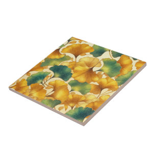 Ginkgo Glow Golden and Green Leaf Pattern Ceramic Tile