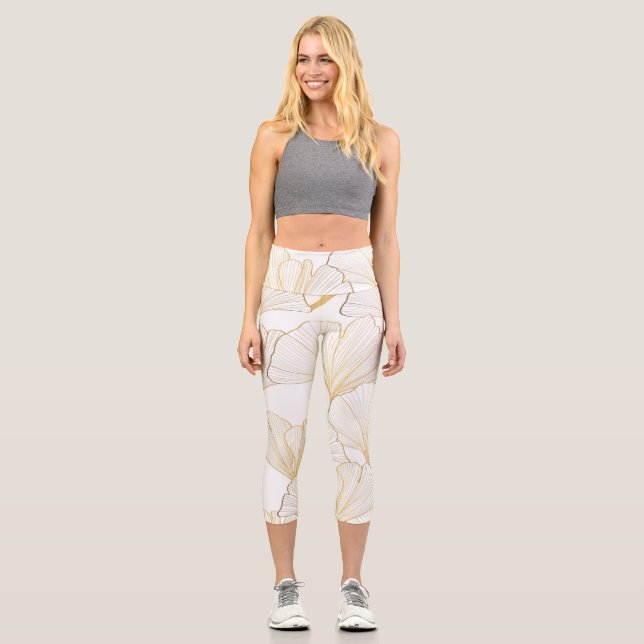Ginkgo Gold: Luxurious Leaf Arrangement Capri Leggings (Front)