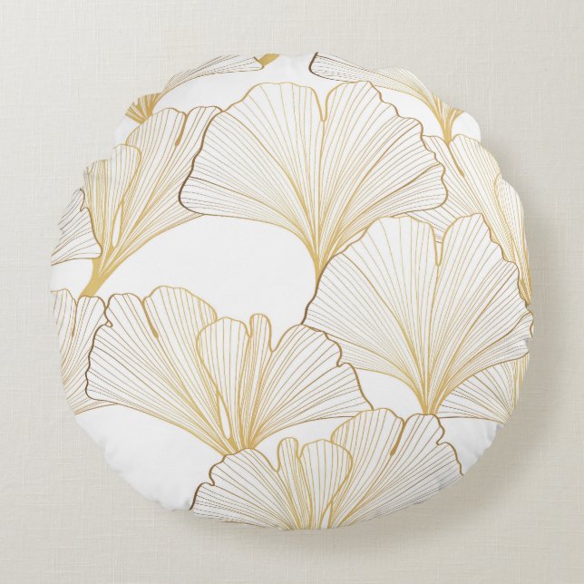 Ginkgo Gold: Luxurious Leaf Arrangement Round Cushion (Front)
