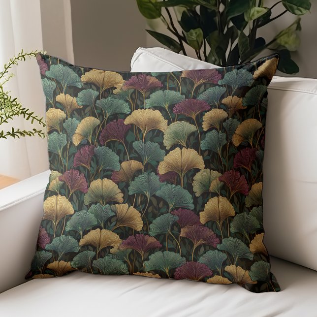 Ginkgo Leaf Pattern Teal Burgundy Cushion (Creator Uploaded)
