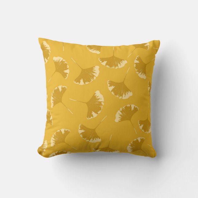 Ginkgo Leaves Floral Pattern on Yellow Ochre Cushion (Front)