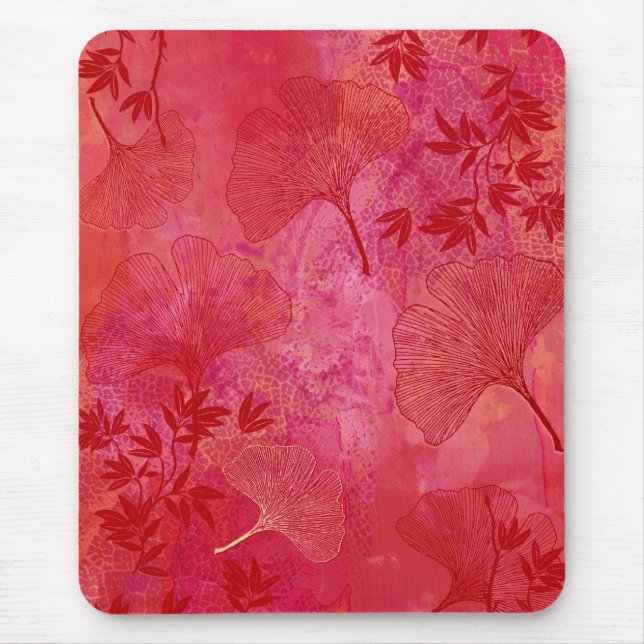 Ginkgo Leaves Foliage Overall Pattern Red Colours Mouse Pad (Front)