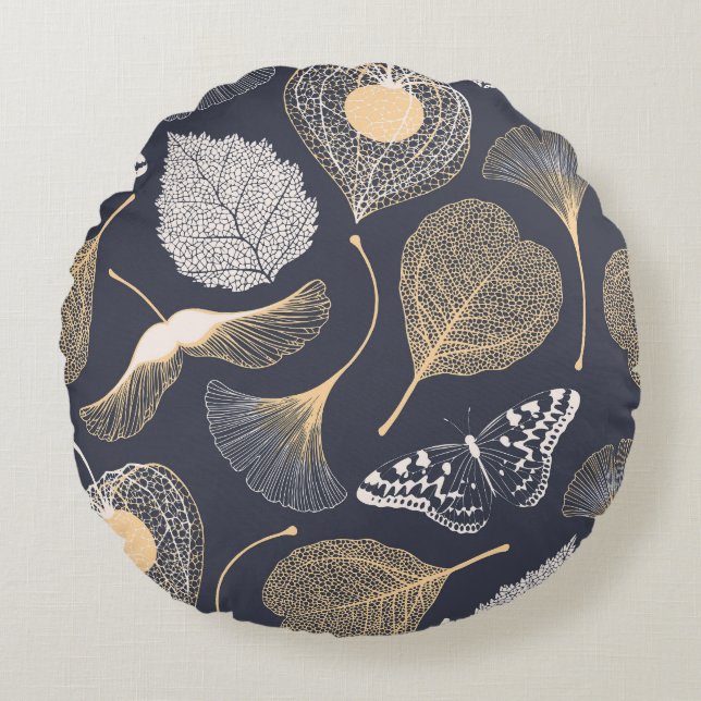 Ginkgo Leaves: Seamless Floral Elegance. Round Cushion (Front)