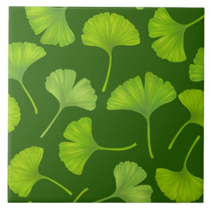 Ginkgo pattern on dark green ceramic tile
