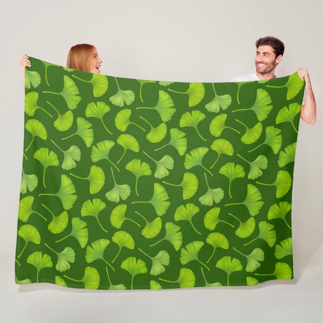 Ginkgo pattern on dark green fleece blanket (In Situ)