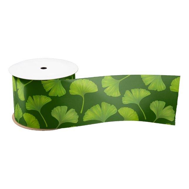 Ginkgo pattern on dark green satin ribbon (Spool)