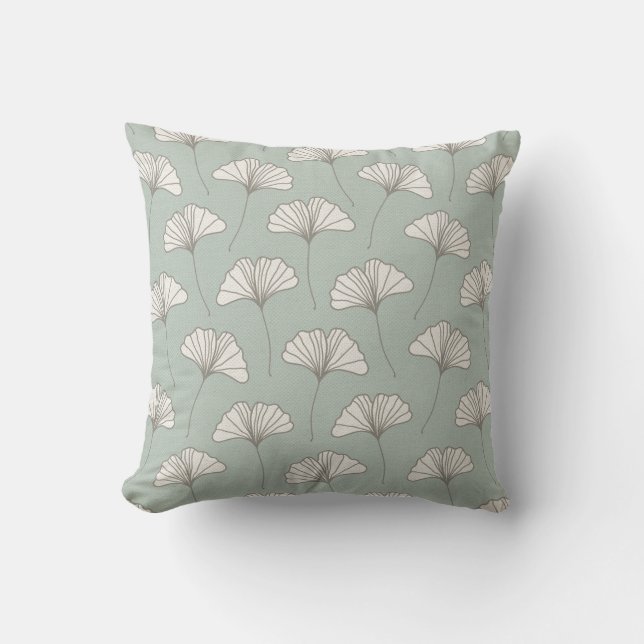Ginkgo Tree Leaf Pattern Light Blue Grey and White Cushion (Front)
