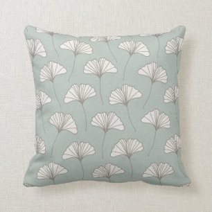 Ginkgo Tree Leaf Pattern Light Blue Grey and White Cushion