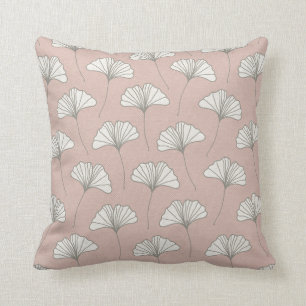 Ginkgo Tree Leaf Pattern Pink Grey and White Cushion