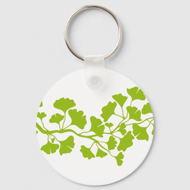 ginkgo tree silhouette with green leaves key ring (Front)
