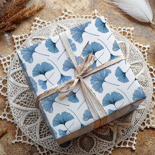 Ginkgo Tropical leaf blue and white pattern  Wrapping Paper