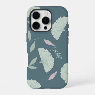 Ginko Biloba Hand Drawn Sage Green on Teal iPhone 16 Pro Case