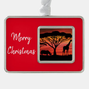 Girafe and Rhinoceros oin the Serengeti Silver Plated Framed Ornament