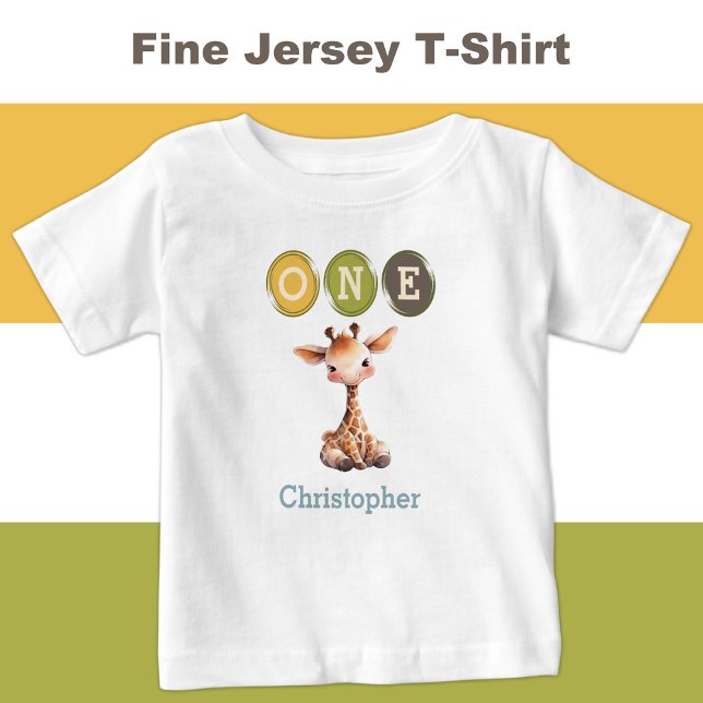 Giraffe 1st Birthday one with name blue Baby T-Shirt (Creator Uploaded)