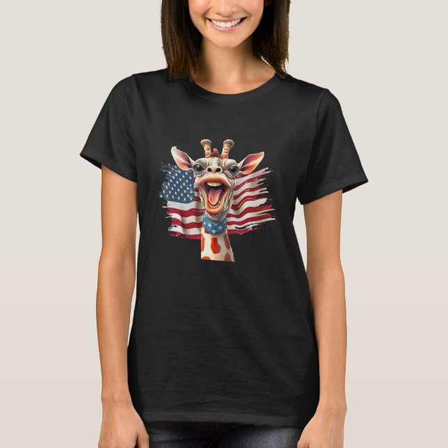 Giraffe 4th Of July Party  American Flag Patriotic T-Shirt (Front)