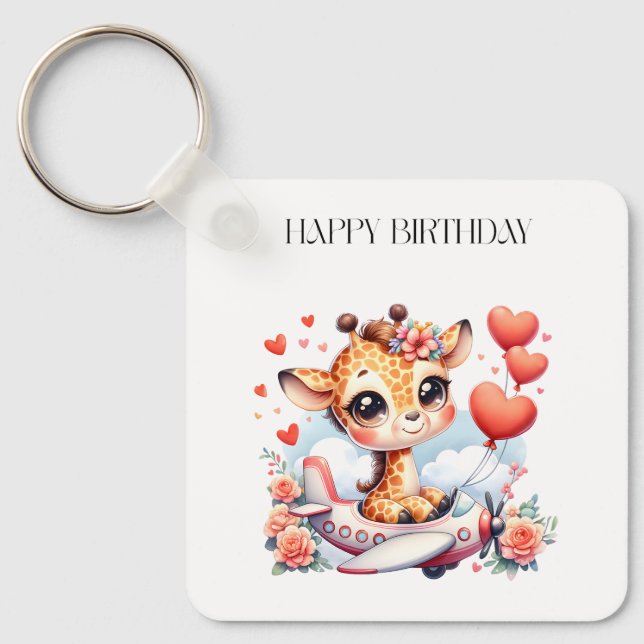 Giraffe Aeroplane Birthday Key Ring (Front)