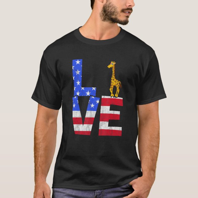 Giraffe American Flag Sunglasses 4th of July Patri T-Shirt (Front)