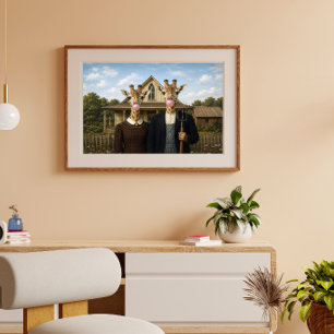 Giraffe American Gothic Blowing Pink Bubble gum Poster