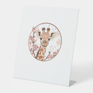 Giraffe Amidst Cherry Blossoms Circle Pedestal Sign