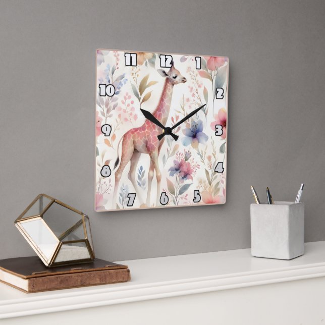 Giraffe among bright African flowers Square Wall Clock (Office)
