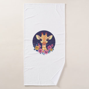 Giraffe Among Flowers Under Starry Night Charm   Bath Towel