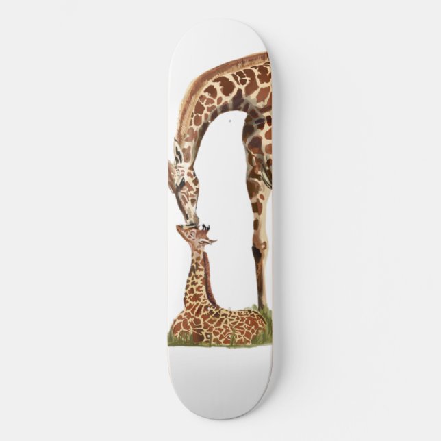Giraffe and baby calf kissing skateboard (Front)