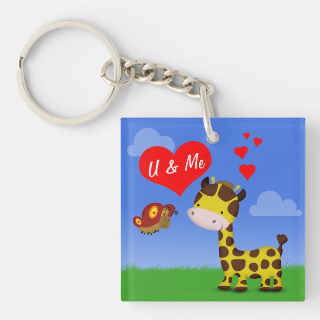 Giraffe and Butterfly in Love Key Ring (Front)