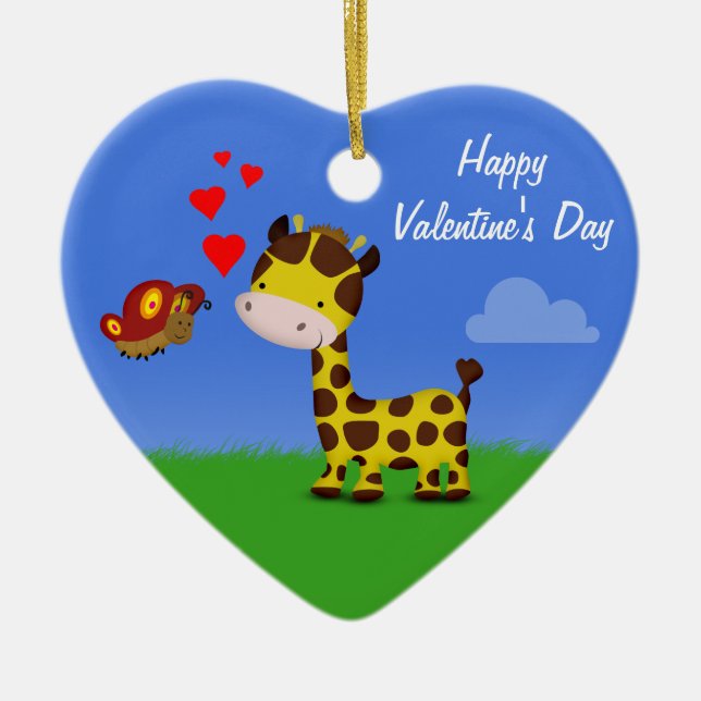 Giraffe and Butterfly Valentine's Day Ceramic Tree Decoration (Front)