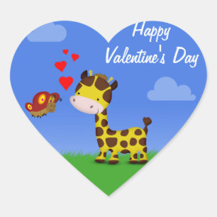 Giraffe and Butterfly Valentine's Day Heart Sticker
