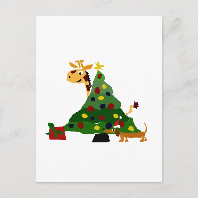 Giraffe and Dachshund by Christmas Tree Art Holiday Postcard (Front)
