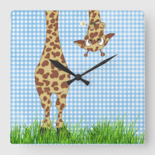 Giraffe and Daisy on Blue Gingham Square Wall Clock