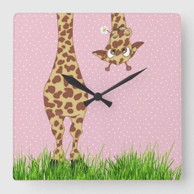 Giraffe and Daisy on Polka Dots Square Wall Clock (Front)