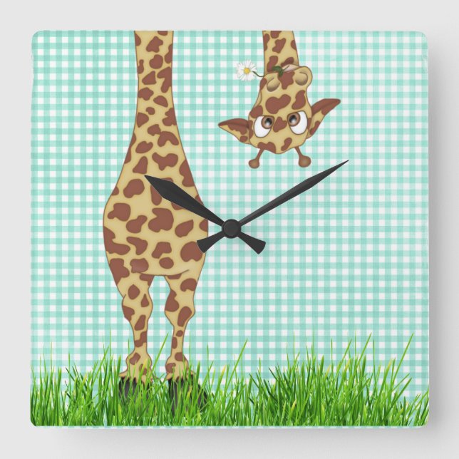 Giraffe and Daisy onGreen Gingham Square Wall Clock (Front)