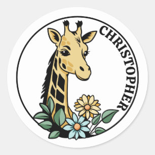 Giraffe And Flowers Custom Name Classic Round Sticker