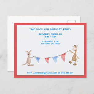 Giraffe and Kangaroo Customisable Birthday Party Invitation Postcard