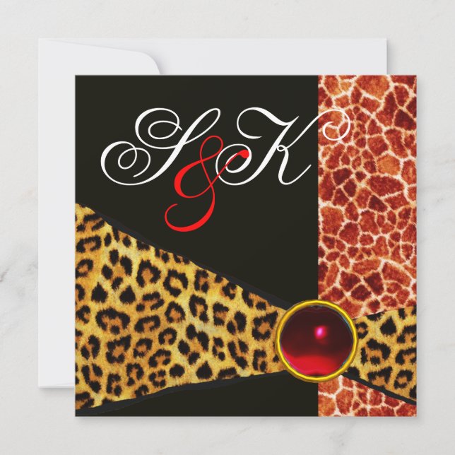 GIRAFFE AND LEOPARD FUR RIBBON RED RUBY GEMSTONE INVITATION (Front)