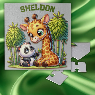 Giraffe and Panda Monogrammed Name   Jigsaw Puzzle