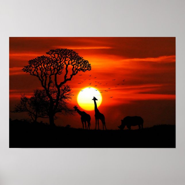 Giraffe and  Rhinoceros Sunset Poster (Front)