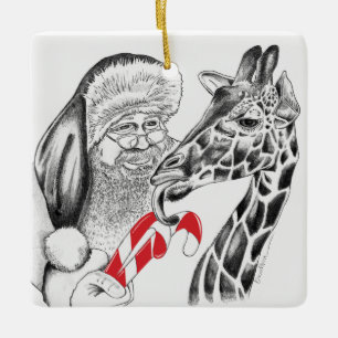 Giraffe and Santa Claus Ceramic Ornament