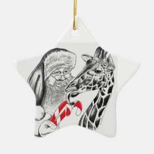 Giraffe and Santa Claus Ceramic Ornament