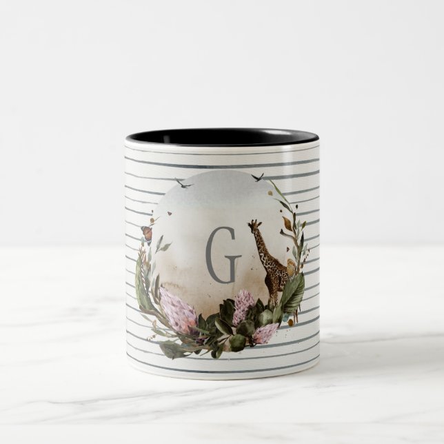 Giraffe and Wildlife Grey Stripe Personalised Two-Tone Coffee Mug (Center)