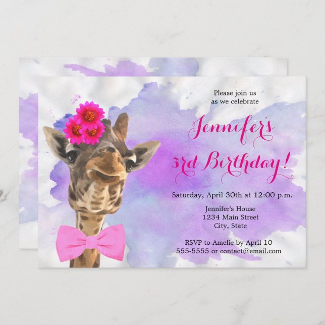 Giraffe animal jungle watercolor happy birthday invitation (Front/Back)