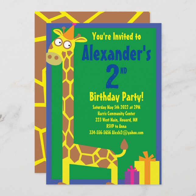Giraffe Animal Kid's Birthday Party Invitations (Front/Back)
