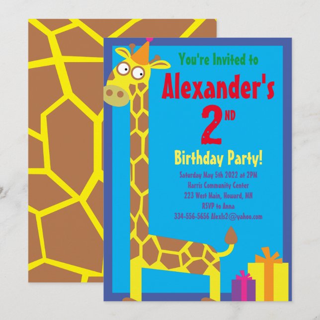 Giraffe Animal Kid's Birthday Party Invitations (Front/Back)