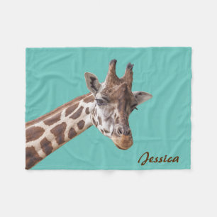 Giraffe Animal on Teal Personalised Name Fleece Blanket