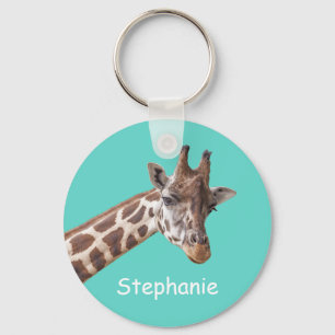 Giraffe Animal on Teal Personalised Name Key Ring