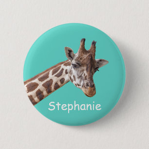 Giraffe Animal Photo on Teal Personalized Name 6 Cm Round Badge