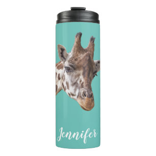 Giraffe Animal Portrait Photo on Teal Name Thermal Tumbler